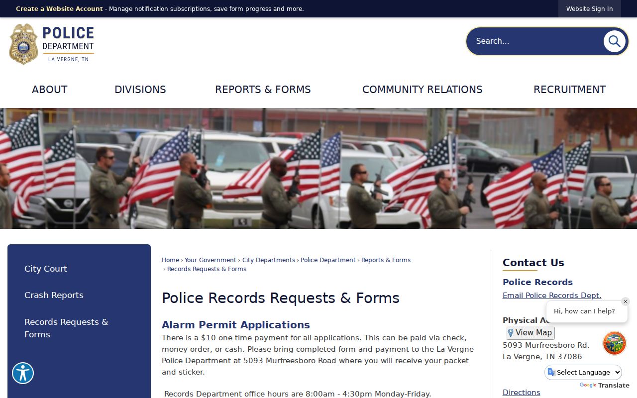 La Vergne criminal records request forms for police files