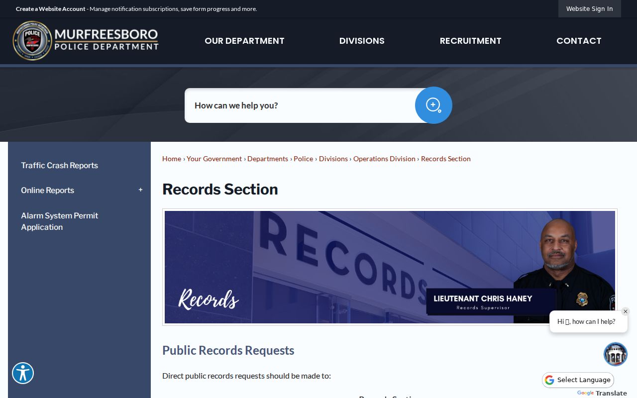 Murfreesboro criminal records request information from the Police Records Section