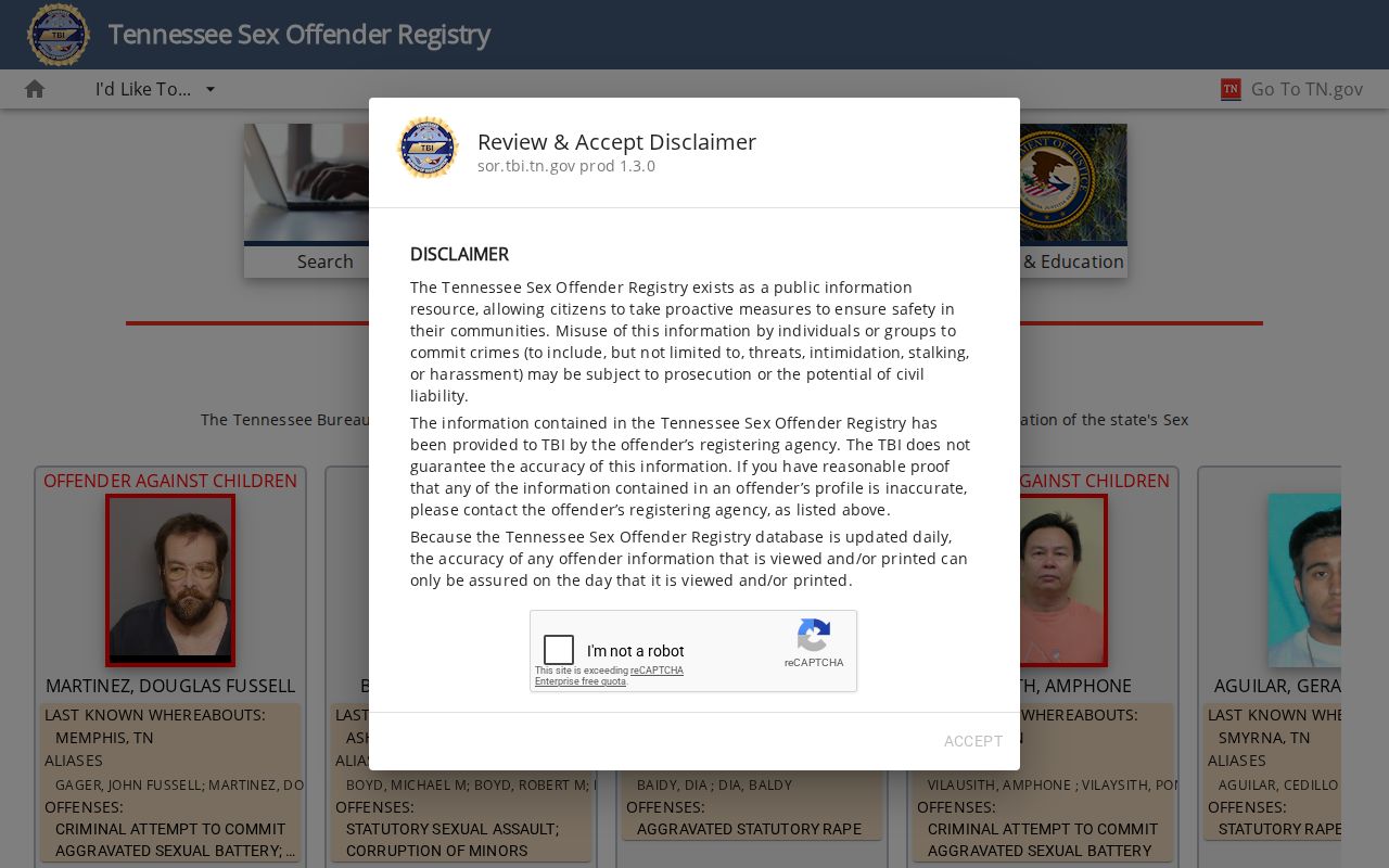 Tennessee registry entry for a Rutherford County sex offender search