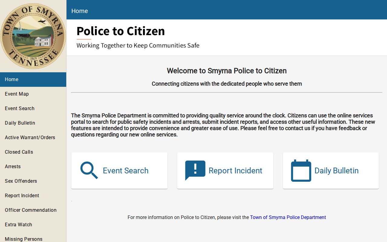 Smyrna criminal records route in the Police-to-Citizen portal